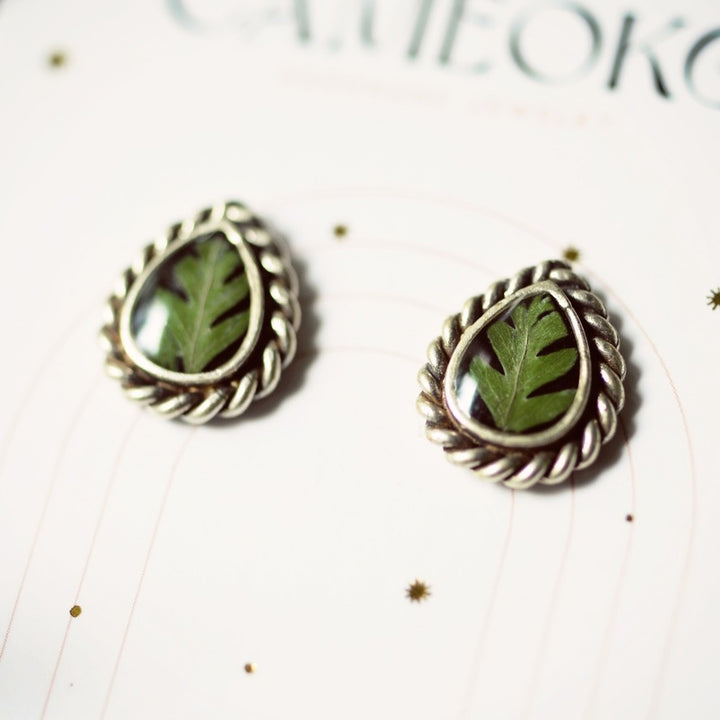 Small Pressed Fern Teardrop Earrings Black Enamel + Silver