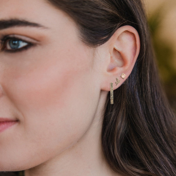Stud Trio Ear Jacket Set - Leaf + Rose Quartz Gold