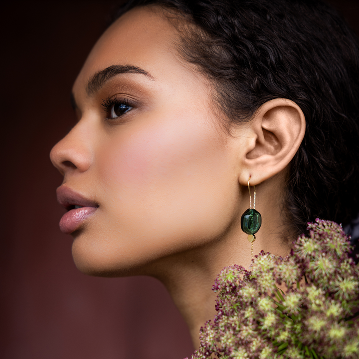 Teal + Gold Refined Glass Organic Threader Earrings
