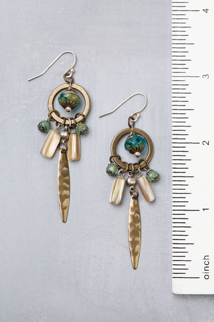 Venetian Dreams Antique Brass Hoop With Hammered Brass Long Spike Abalone Shell And Czech Glass Statement Earrings