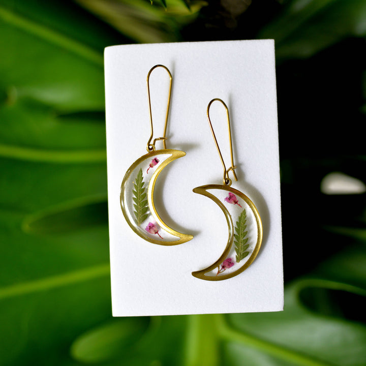 Preserved Heather Flower and Fern Moon Earrings