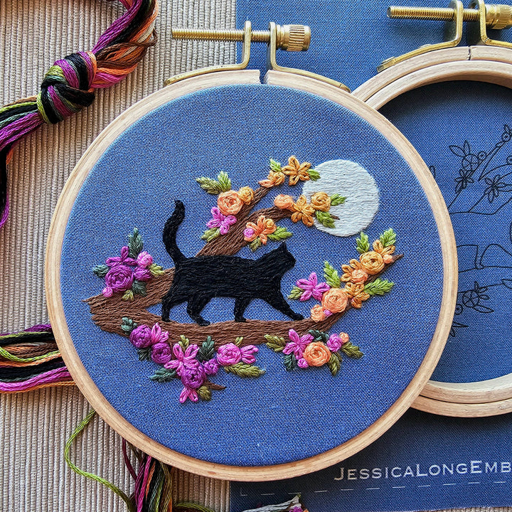 Mini Black Cat & Full Moon Hand Embroidery Kit