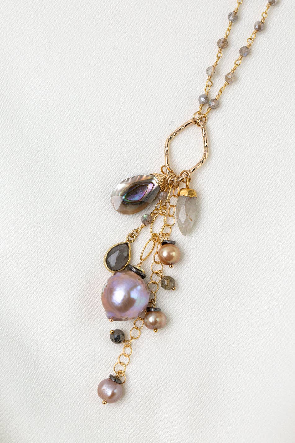 Alchemy Labradorite with Freshwater Pearl, Gold Rutilated Quartz, Abalone, And Moonstone Cluster Necklace