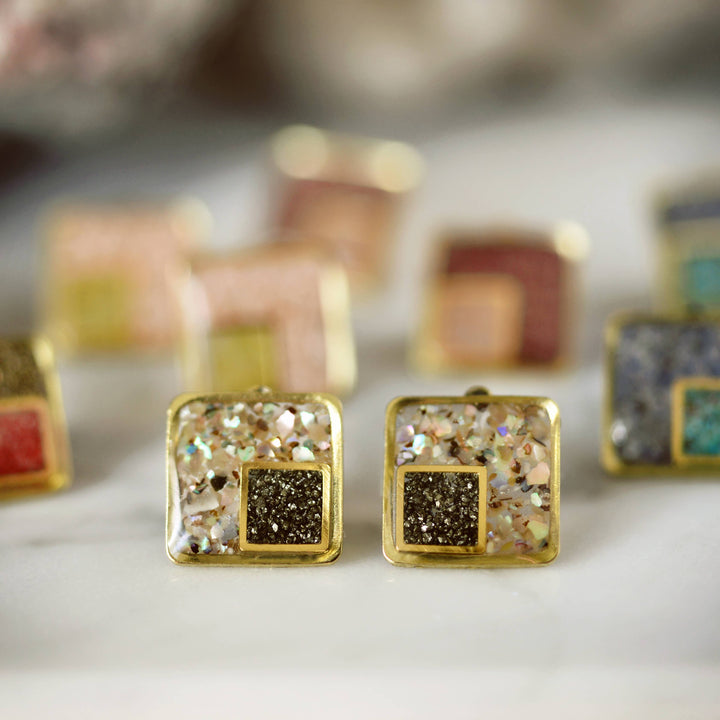 The Echo Post Inlay Geometric Square Earrings: Abalone + Pyrite