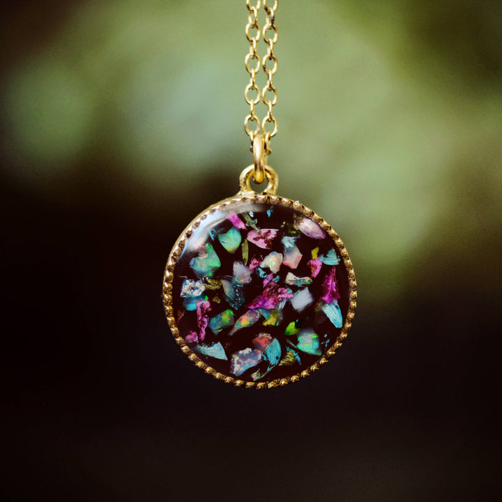 Flower Petal Confetti + Opals Necklace Black Enamel