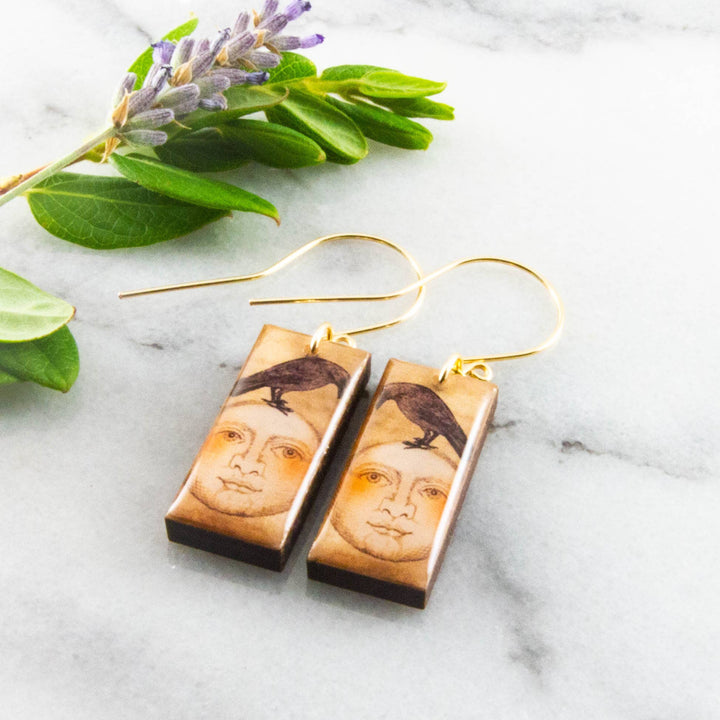 Vintage Moon + Crow Rectangle Earrings