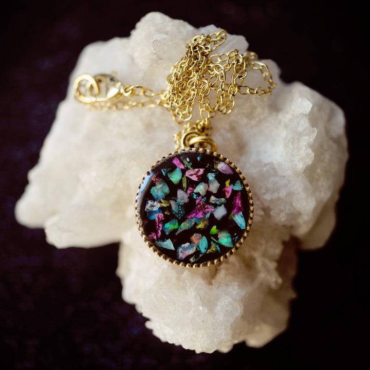 Flower Petal Confetti + Opals Necklace Black Enamel