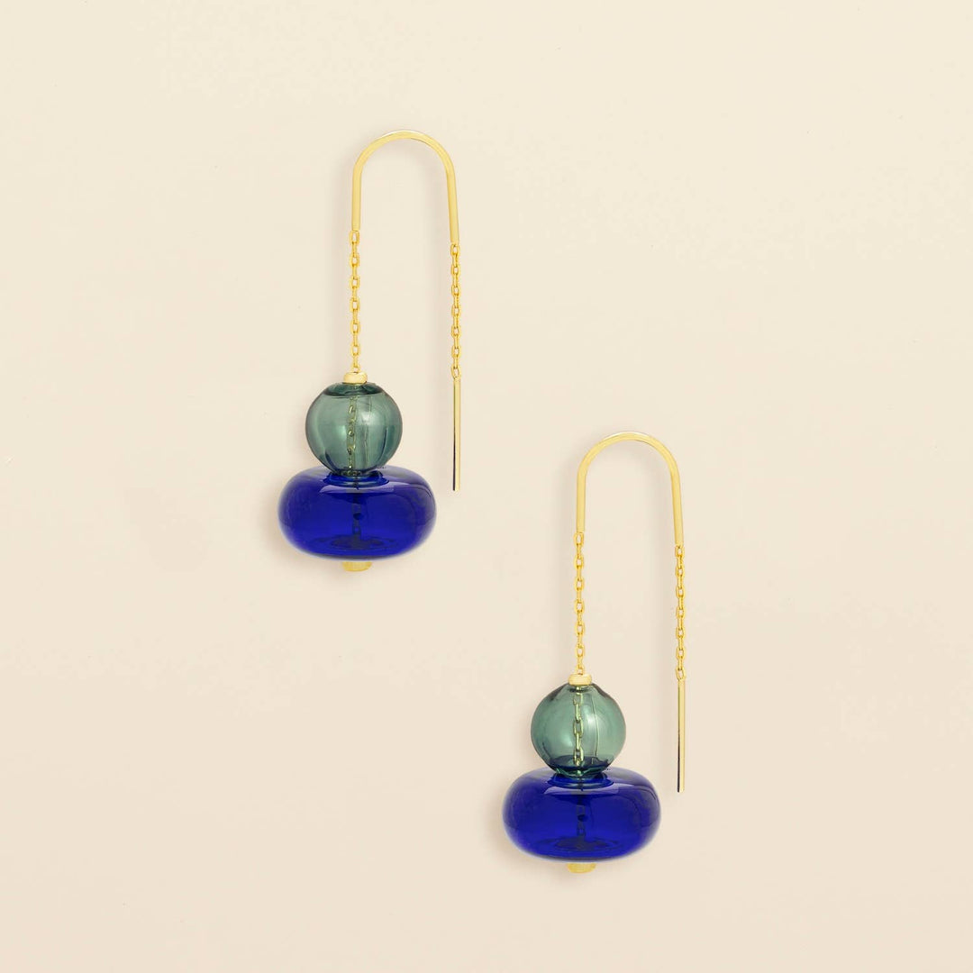 Teal + Blue + Gold Refined Glass Stacked Threader Earrings