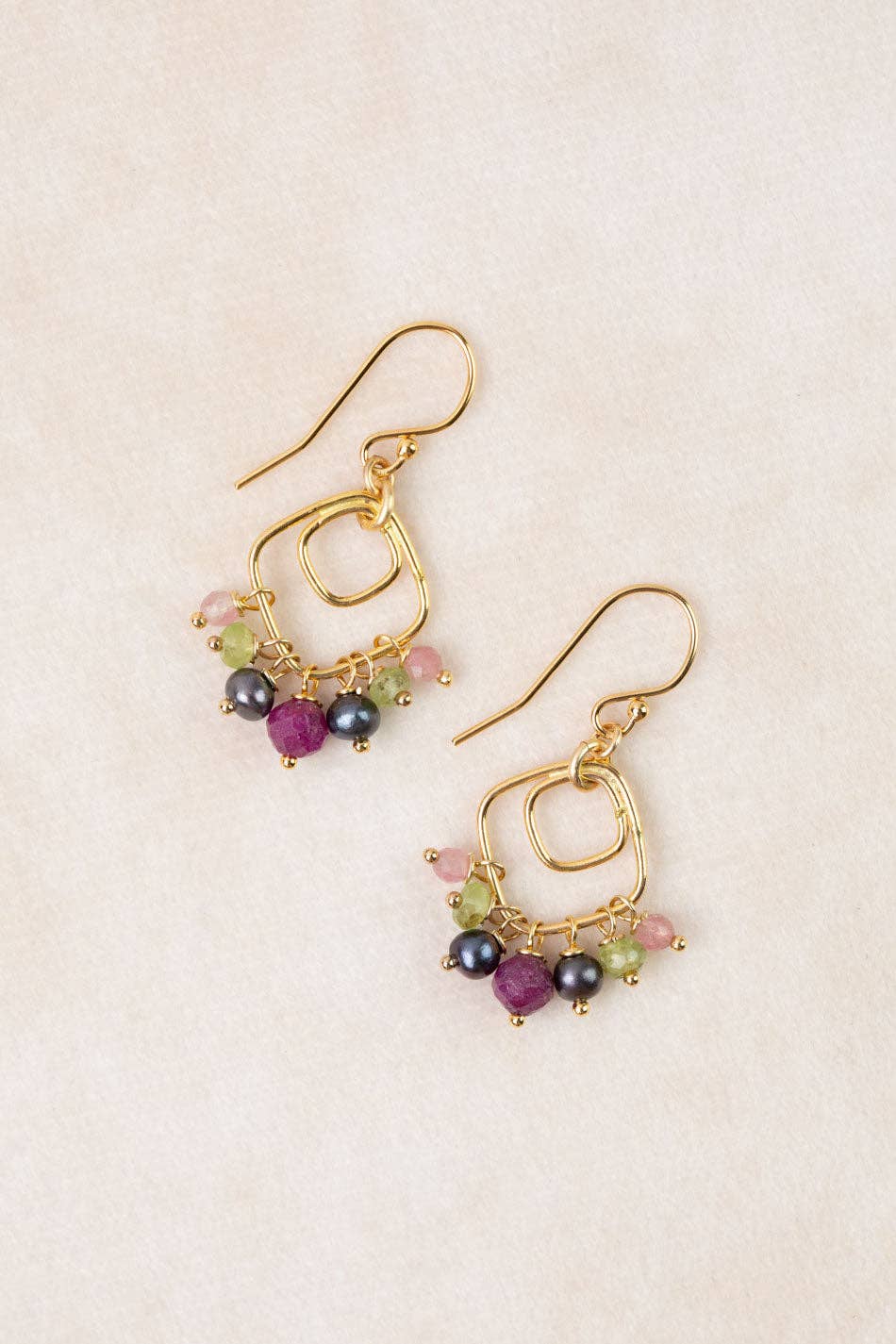 Persephone Freshwater Pearl, Ruby, Peridot Cluster Earrings