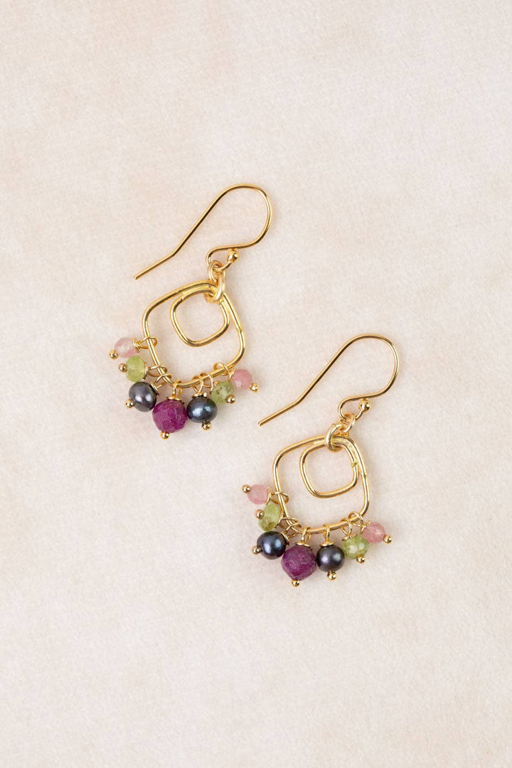 Persephone Freshwater Pearl, Ruby, Peridot Cluster Earrings