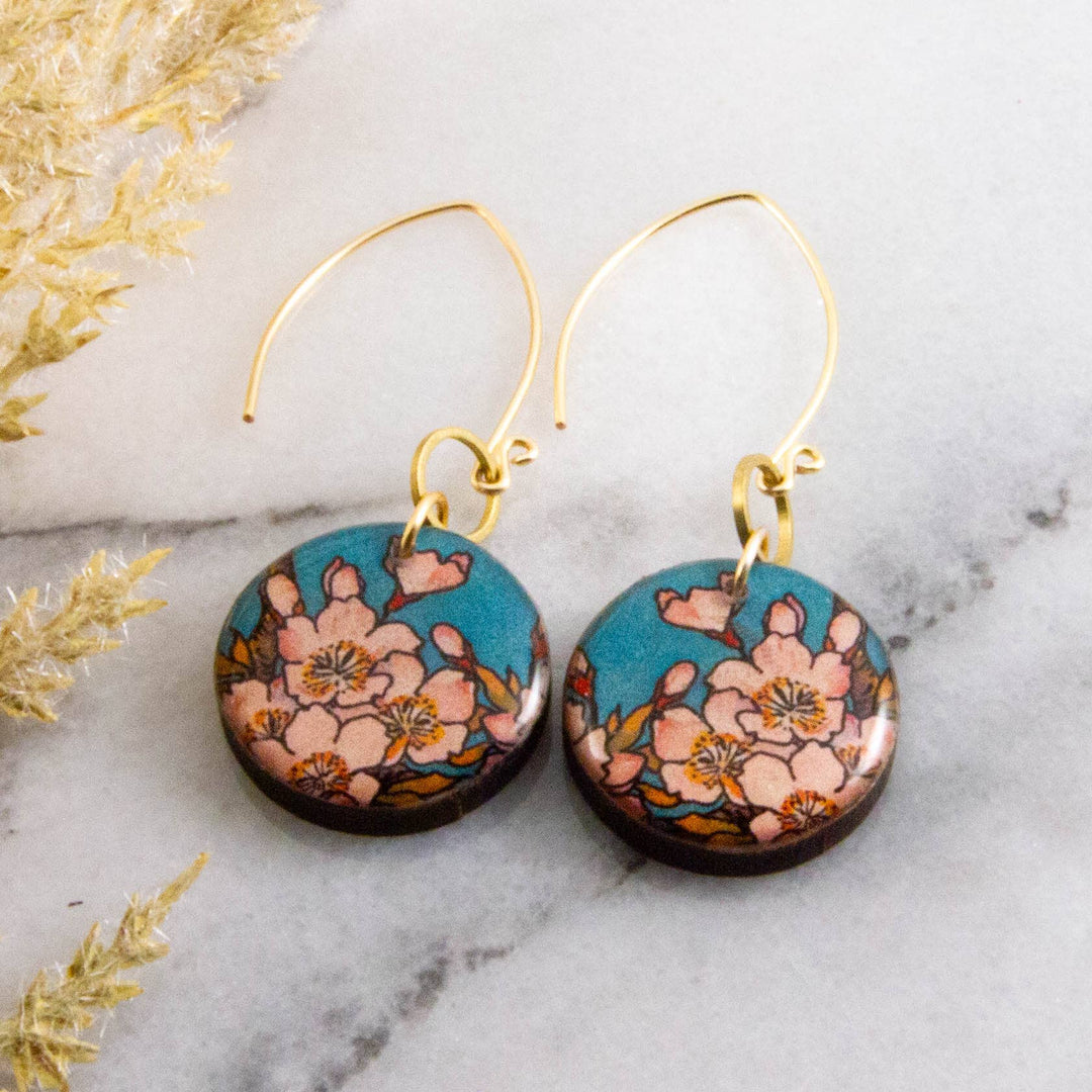 Turquoise + Pink Cherry Blossom Circle Earrings