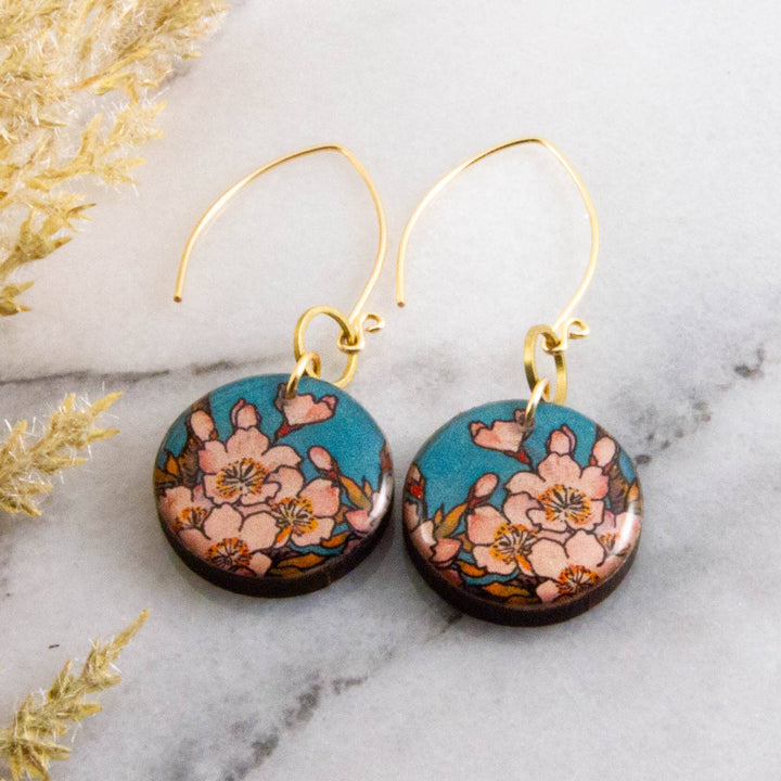 Turquoise + Pink Cherry Blossom Circle Earrings