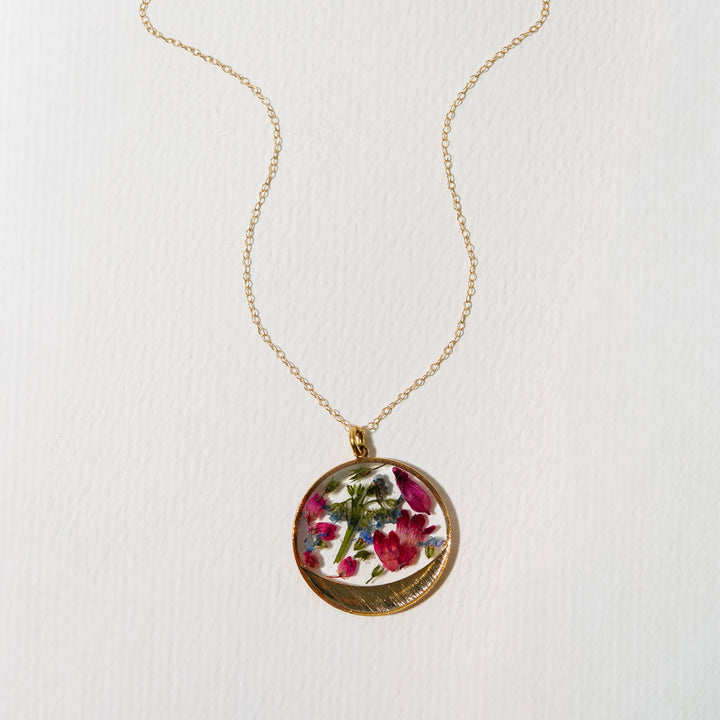 Garden Variety Flower Confetti Gold Moon Necklace