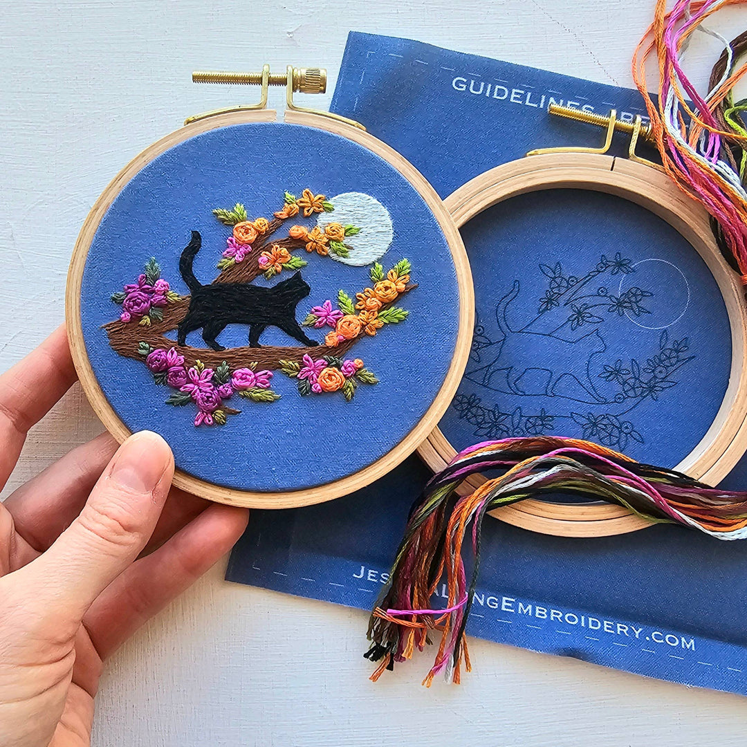Mini Black Cat & Full Moon Hand Embroidery Kit