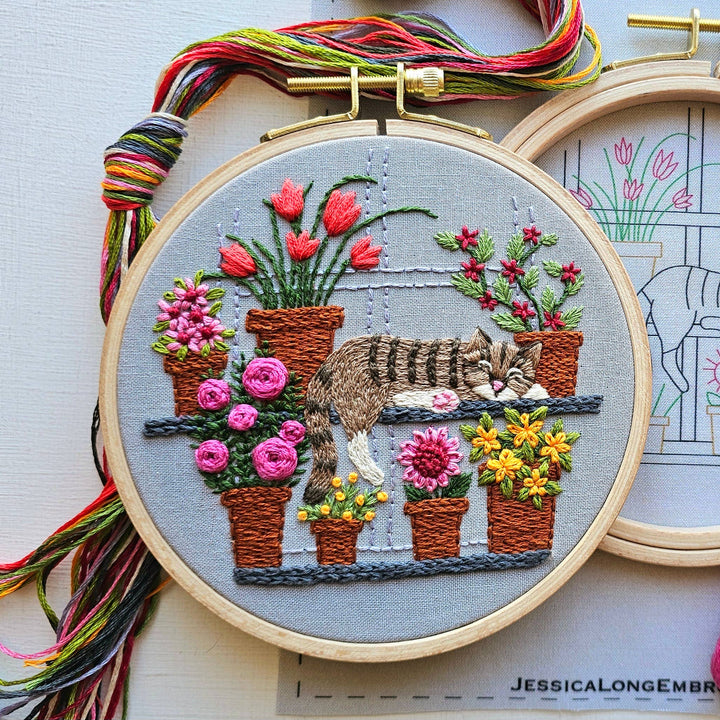 Catnap with Flowers Hand Embroidery Kit