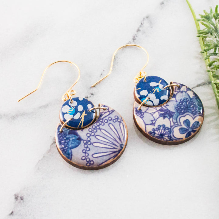Blue + White Floral Double Circle Earrings