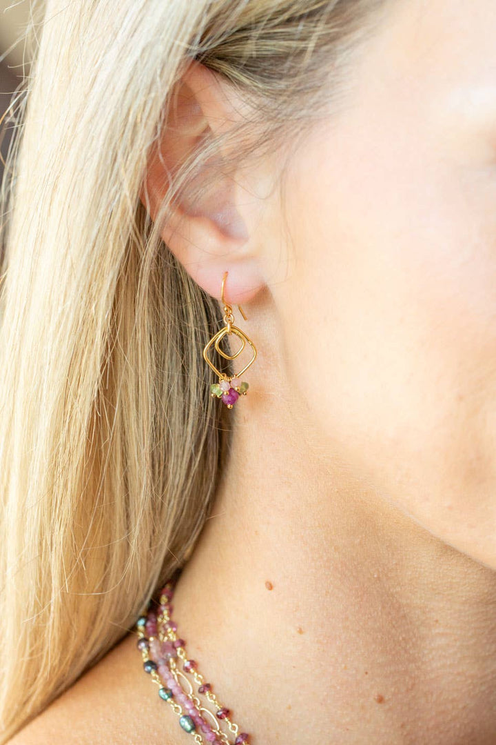 Persephone Freshwater Pearl, Ruby, Peridot Cluster Earrings