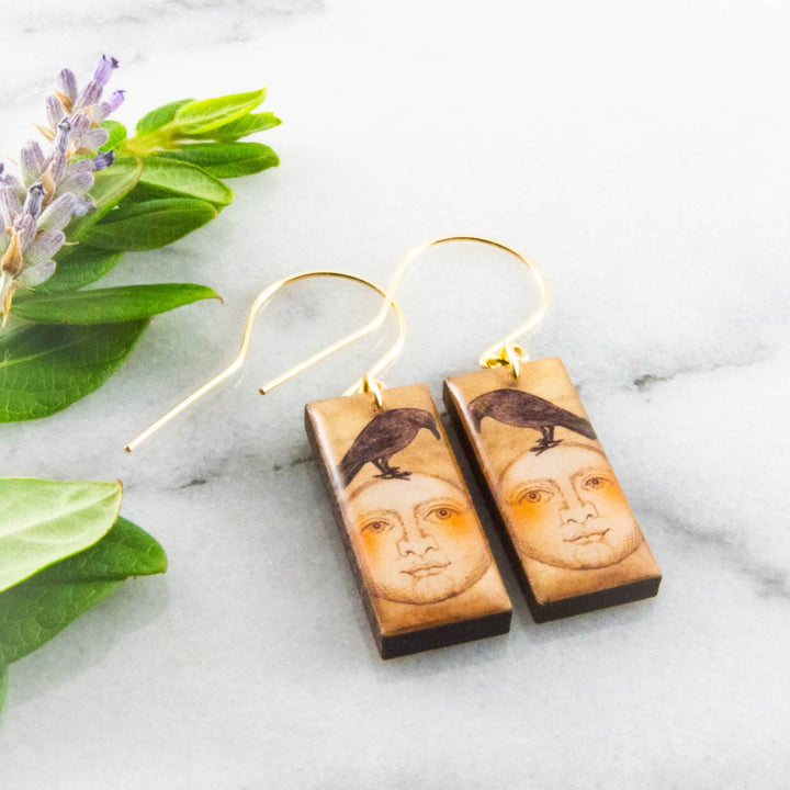 Vintage Moon + Crow Rectangle Earrings