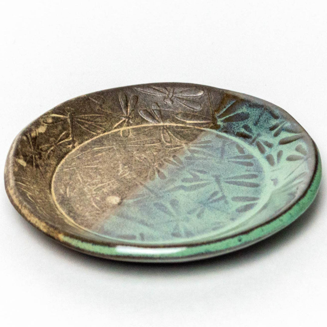 Dragonfly Pattern Stoneware Green Trinket Dish