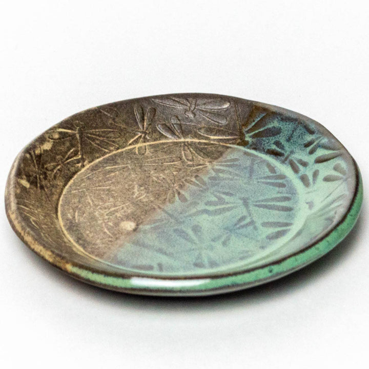 Dragonfly Pattern Stoneware Green Trinket Dish