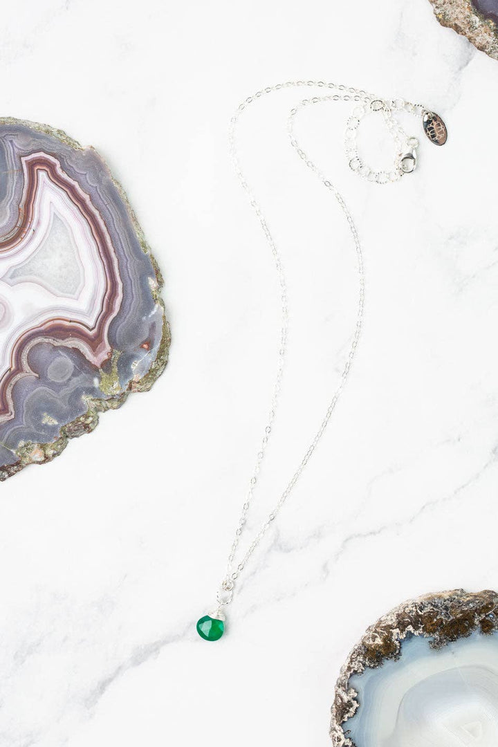 Birthstone May Silver Green Onyx Solitaire Drop Necklace