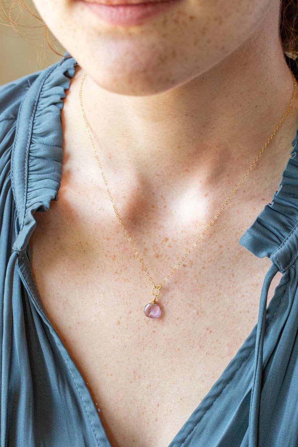 Birthstone February Gold Amethyst Solitaire Drop Necklace