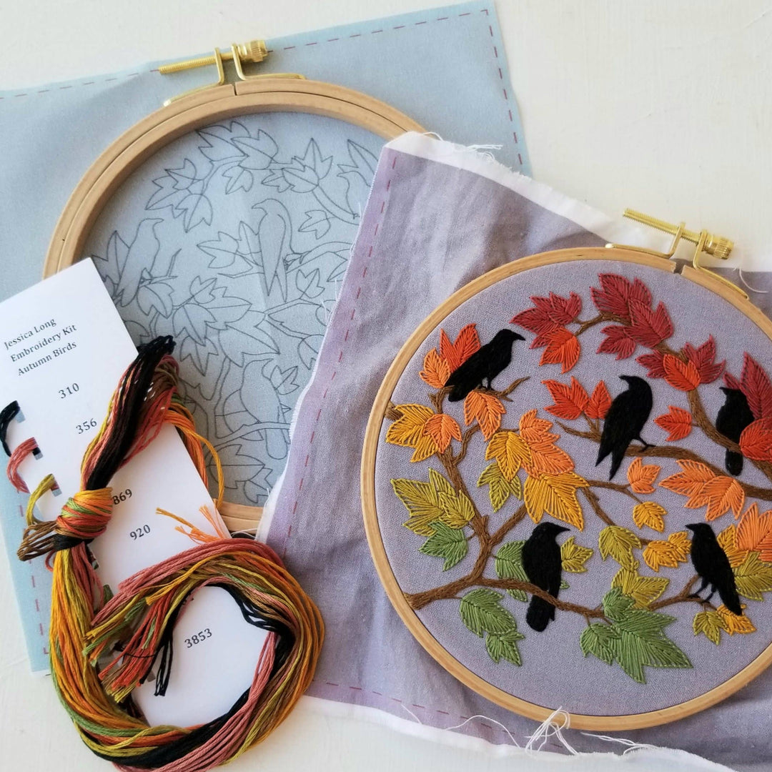 Autumn Birds Hand Embroidery Kit: Grey-blue