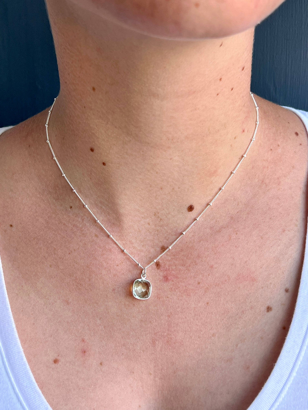 Square Faceted Green Amethyst Necklace in Silver