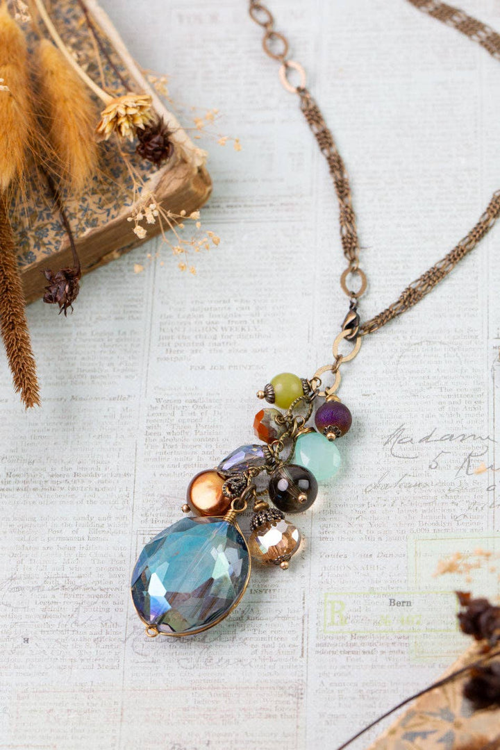 Crisp Autumn Green Jade, Chalcedony, Freshwater Pearl Cluster Necklace