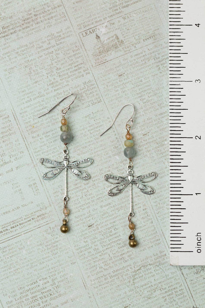 Wisdom Within Kyanite, Czech Glass With Patina Antique Silver Dragonfly Cluster Earrings