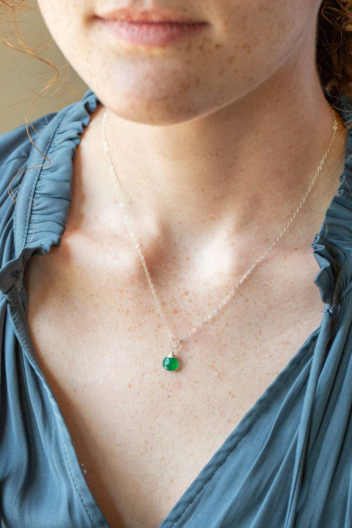 Birthstone May Silver Green Onyx Solitaire Drop Necklace