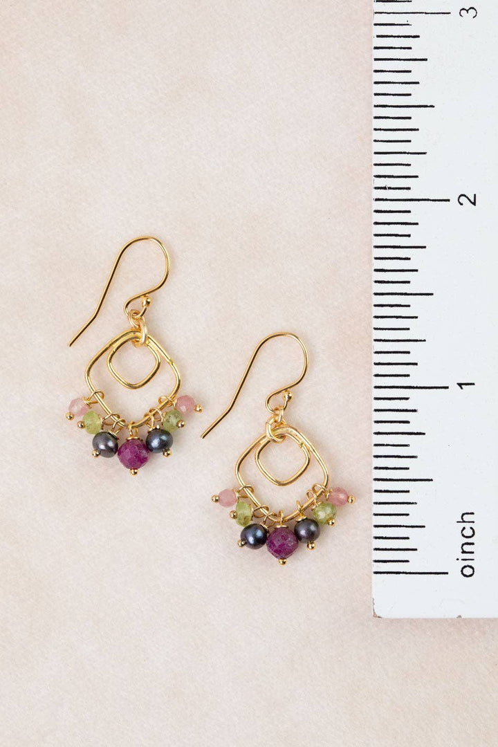Persephone Freshwater Pearl, Ruby, Peridot Cluster Earrings
