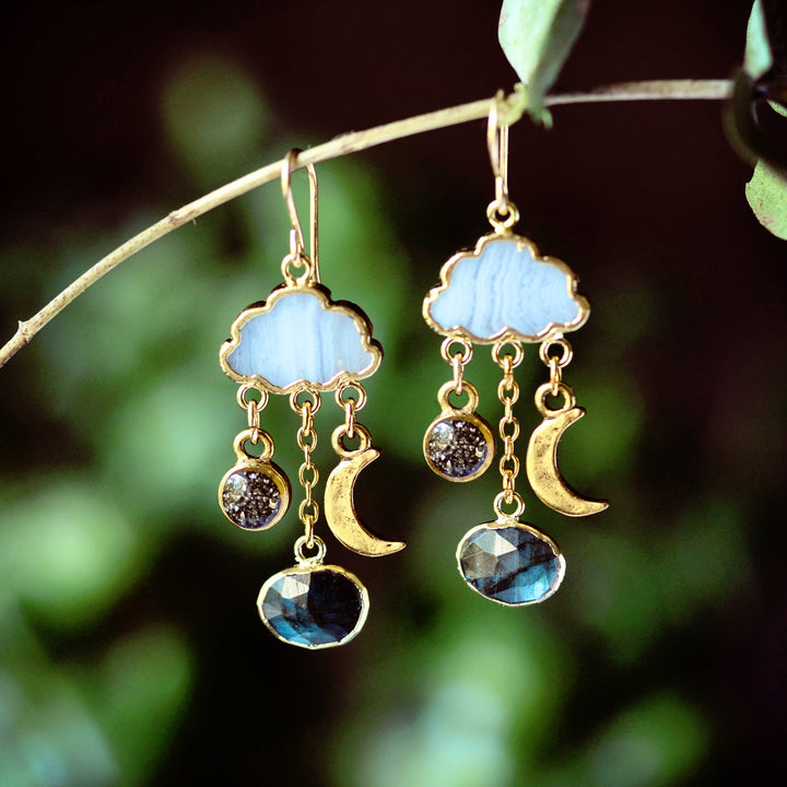 Gemstone Cloud Chandelier Dangle Earrings - Mother of Pearl