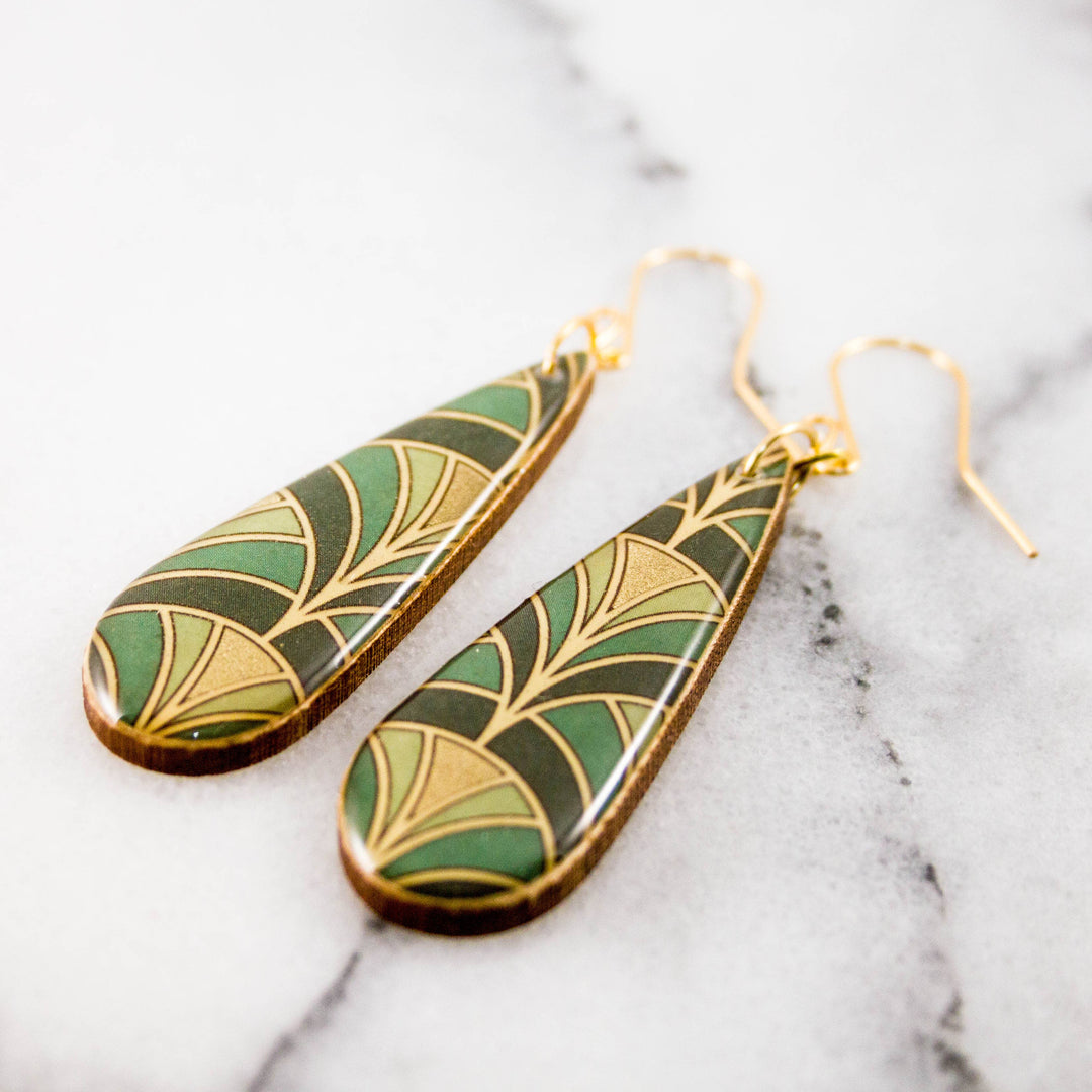 Green + Gold Deco Fan Teardrop Earrings