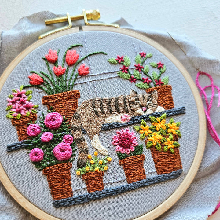Catnap with Flowers Hand Embroidery Kit