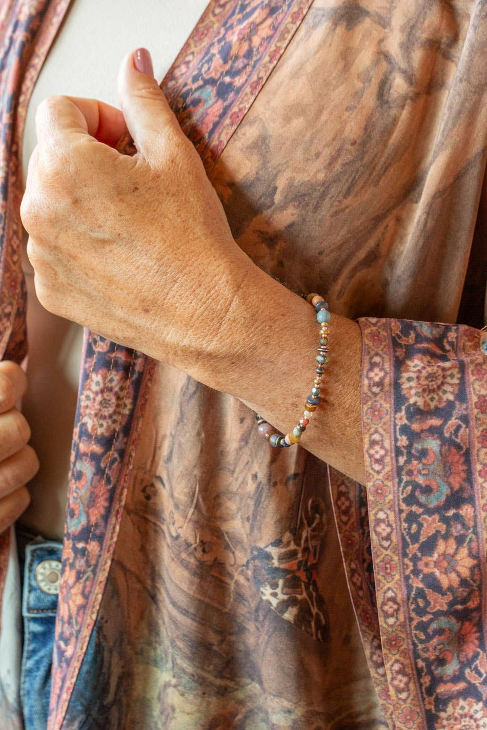 Storyteller Czech Glass, Muscovite, Wood Collage Bracelet