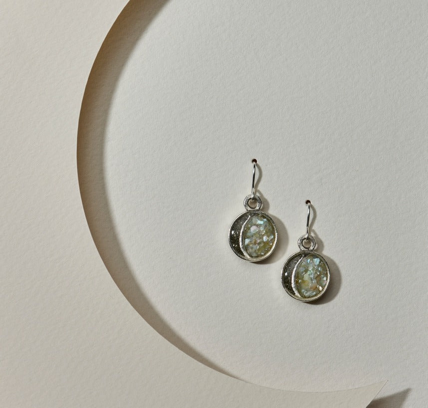 Mini Moon Crescent Earrings Silver Pyrite + Pearl