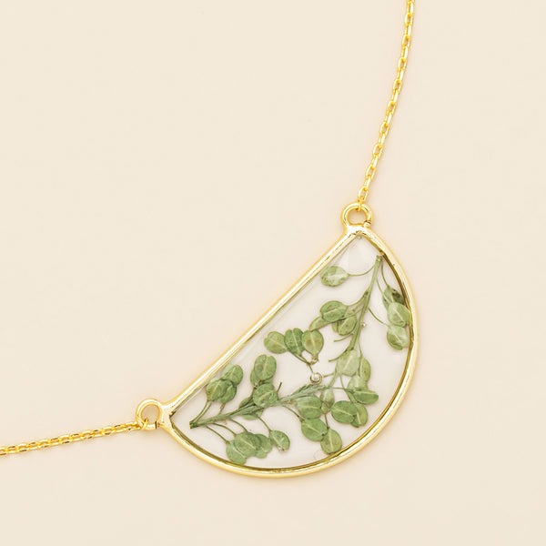 Pressed Flower Necklace Green Peppergrass + Gold