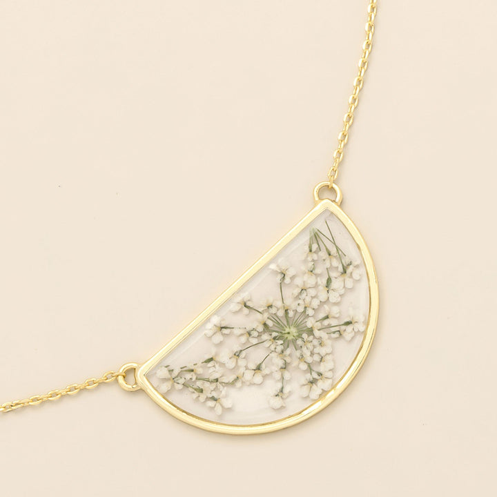 Pressed Flower Necklace White Lace Flower + Gold