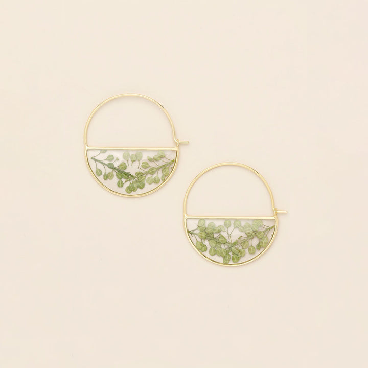 Pressed Flower Hoop Earring Green Peppergrass Gold