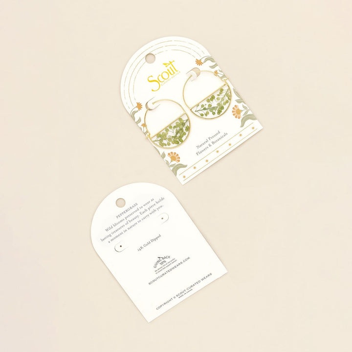 Pressed Flower Hoop Earring Green Peppergrass Gold