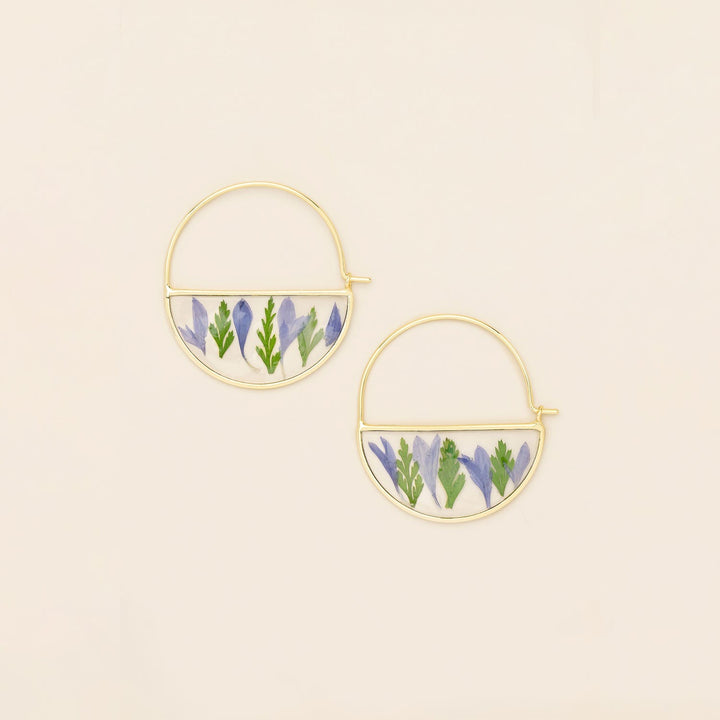 Pressed Flower Hoop Earring Purple Cornflower Gold