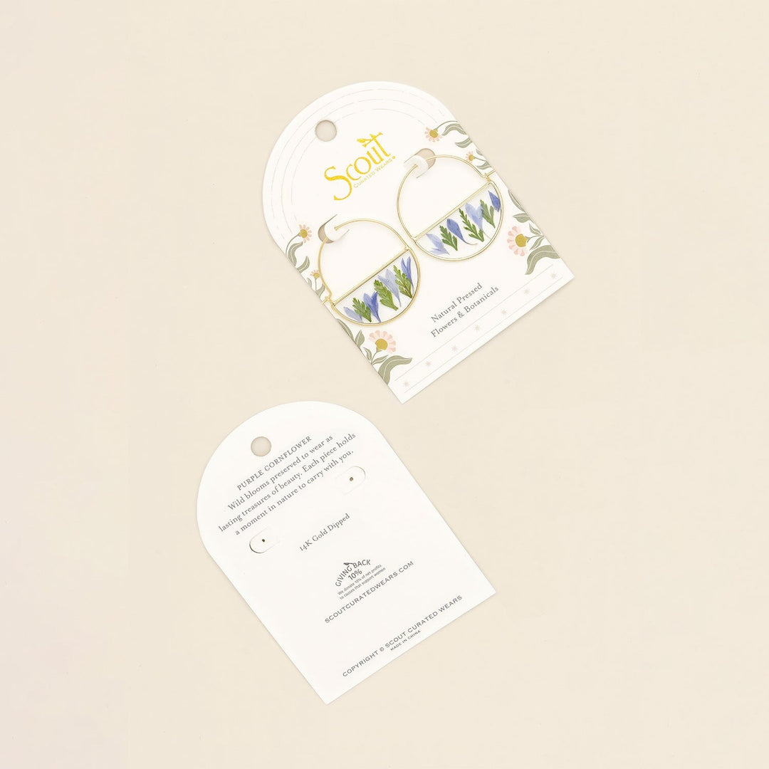 Pressed Flower Hoop Earring Purple Cornflower Gold