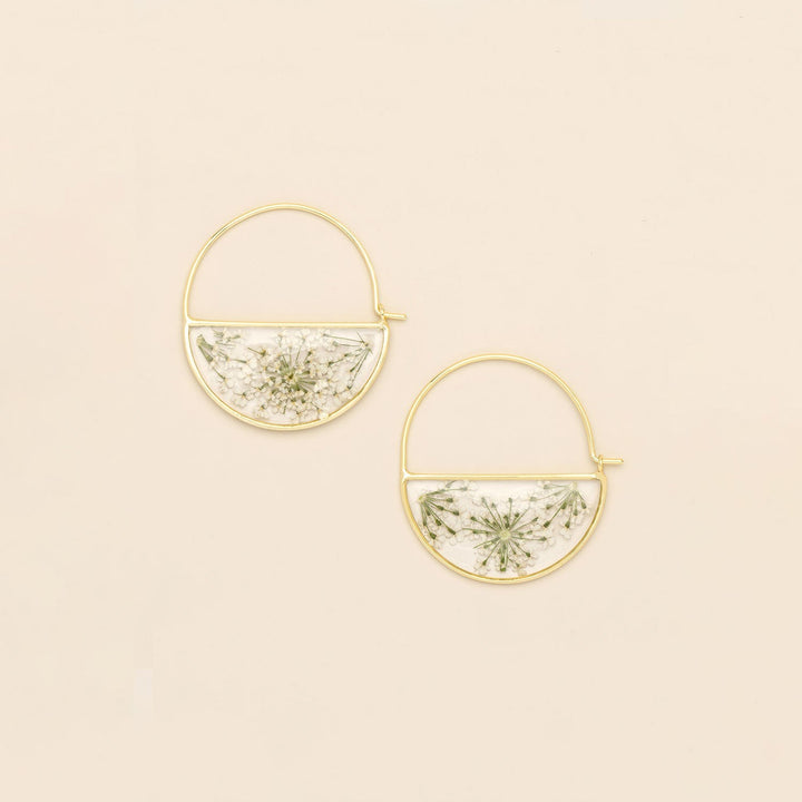 Pressed Flower Hoop Earring White Lace Gold