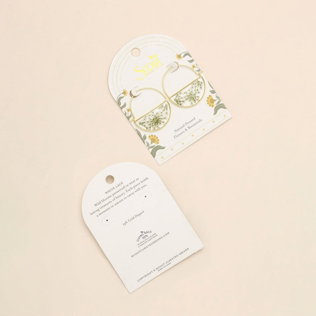 Pressed Flower Hoop Earring White Lace Gold