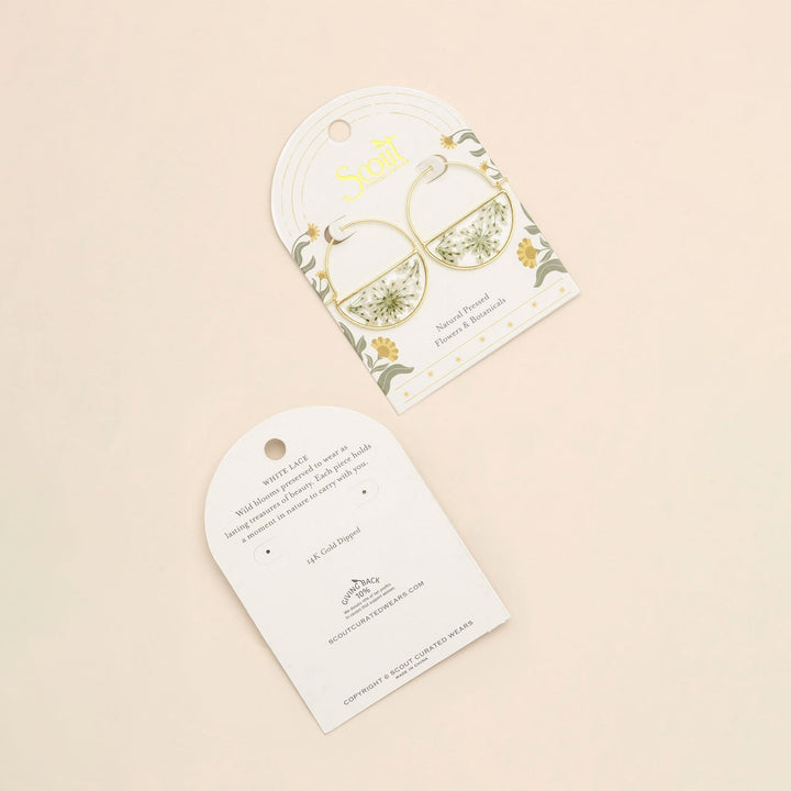 Pressed Flower Hoop Earring White Lace Gold
