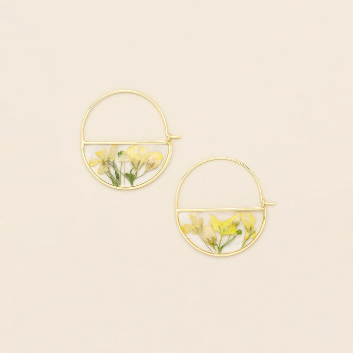 Pressed Flower Hoop Earring Yellow Baby's Breath Gold