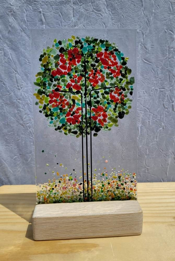 Summer Fruiting Tree Glass Panel + Oak Stand