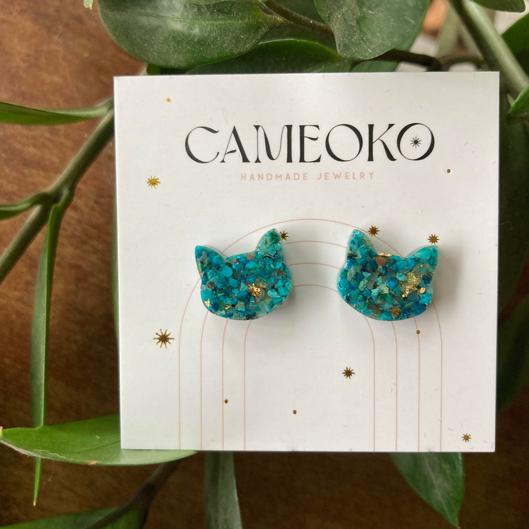 Cat Earrings Chrysocolla + Gold Leaf