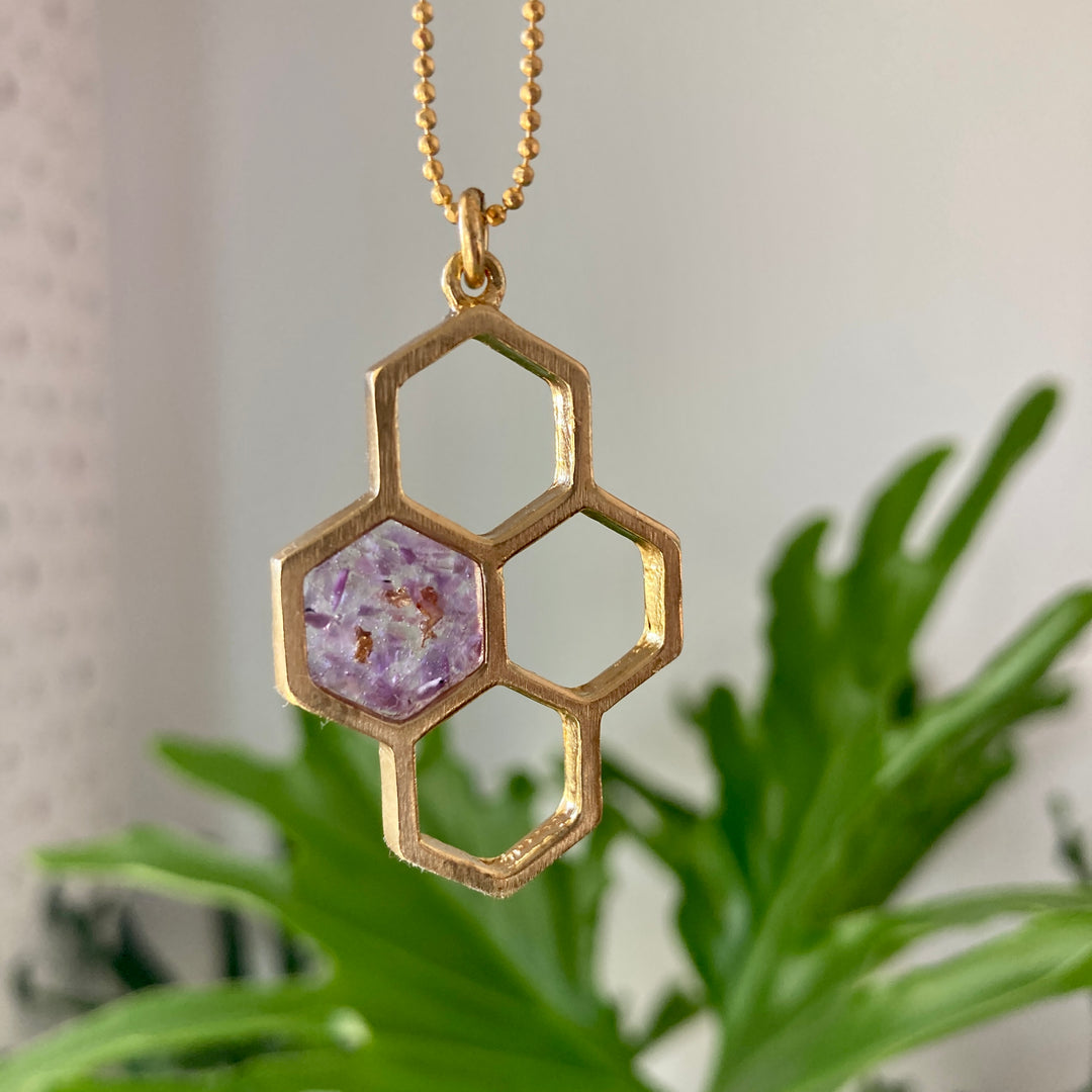 Honeycomb Necklace Amethyst + Gold Leaf